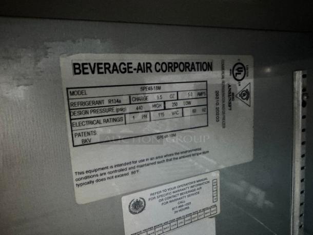 Beverage-Air SPE48-18M 48" prep-table on casters, 115V, features R134a refrigerant, design pressure 440/250 psi, UL listed.