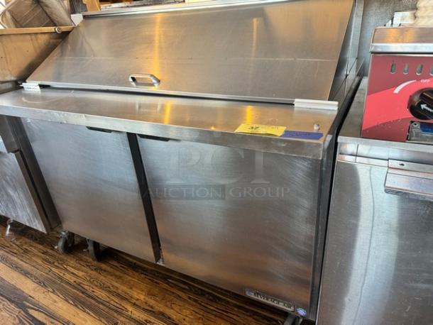 Beverage-Air SPE48-18M 48" prep table, stainless steel, on casters, 115V, two-door, commercial kitchen equipment.