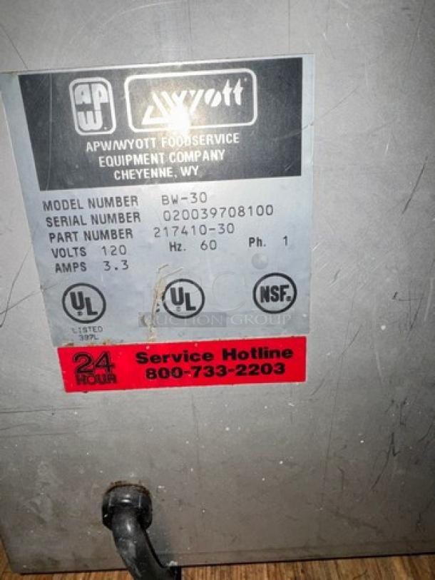 APW Wyott BW-30 Food Warming Drawer, 120V, serial 020039708100, UL and NSF certified, in used condition.