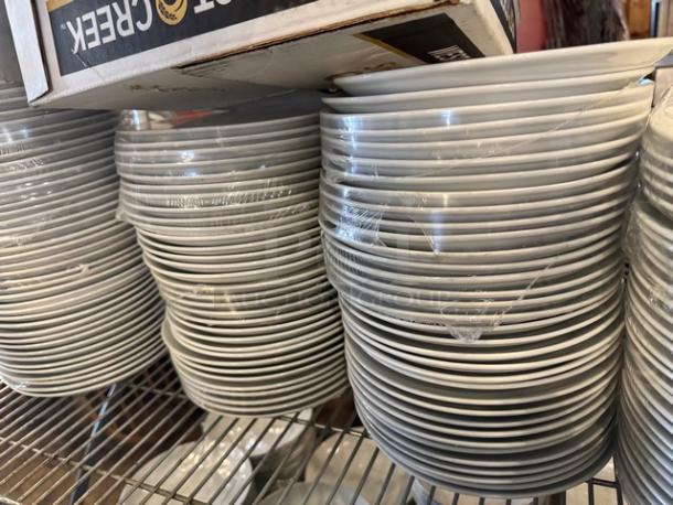 Brand new 9.25" white coupe lunch plates stacked, wrapped in plastic, BIDX10 model, pristine condition, ready for auction.