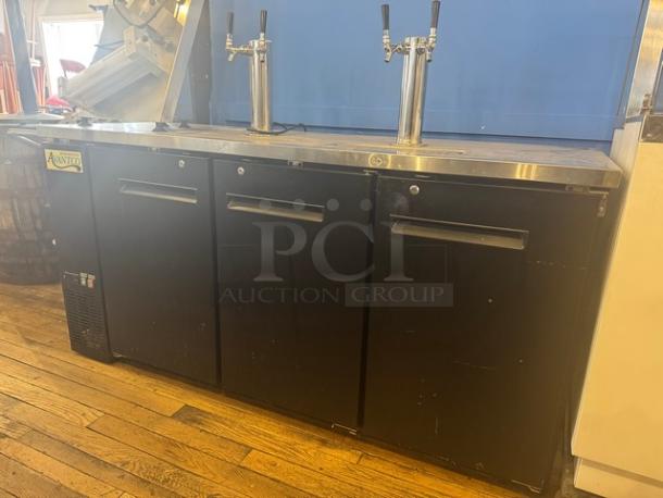 AVANTCO 178UDD72HC commercial beer dispenser, 115V, stainless steel top, triple door, dual tap, used condition, logo visible.