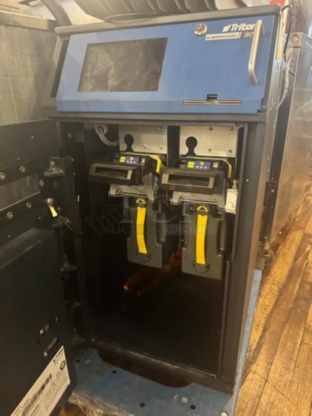 Triton VS8422 Smart Safe, dual deposit slots, blue exterior, secure interface, visible brand logo, excellent condition.