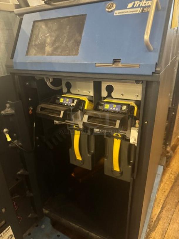 Triton VS8422 Smart Safe, dual cash slot, blue exterior, secure lock mechanism, displays signs of use, branding visible.