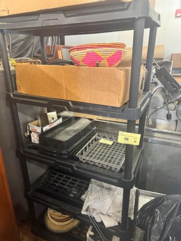 5-tier plastic storage shelving with black frame; contents not included. Ideal for organizing spaces.