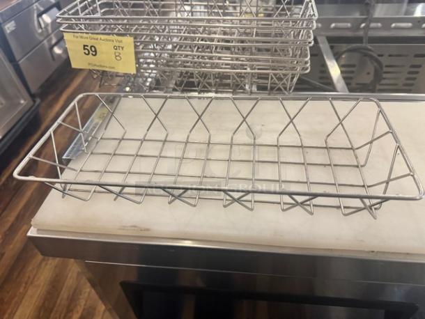 Stainless steel wire display basket for pastries, rectangular, grid design, excellent condition, auction tag labeled "59 QTY 8".