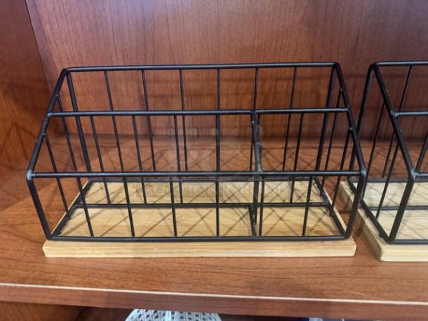 Lot of 2 desk organizers with black metal frames and wooden bases, excellent condition. Perfect for office organization.