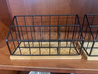 Lot of 2 desk organizers with black metal frames and wooden bases, excellent condition. Perfect for office organization.