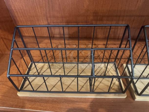 Lot of 2 desk organizers with black metal frames and wooden bases, open design, like new condition.