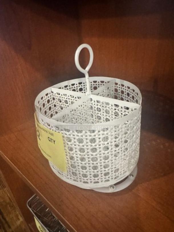 White metal organizer with mesh design, four compartments, carrying handle, excellent condition, ideal for desk or kitchen use.