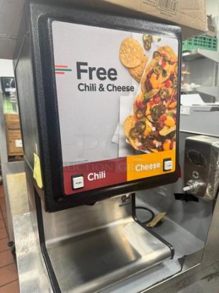 Star HPOE2 commercial chili-cheese dispenser, 120V, dual controls, stainless steel, with "Free Chili & Cheese" label.