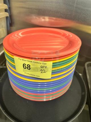 10" multicolor melamine plates, model BIDX22, quantity 22, in good condition with minimal signs of wear.