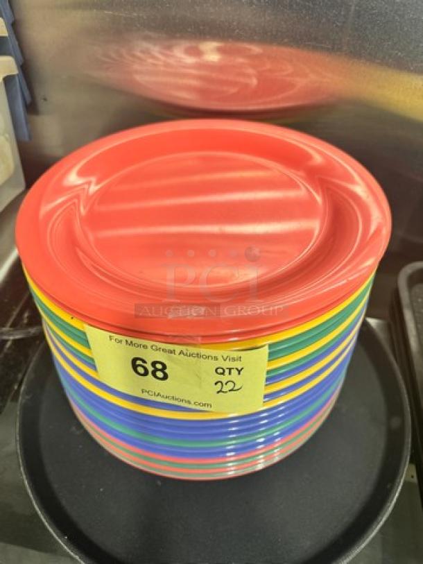 10" multicolored melamine plates, BIDX22, quantity 22, stacked with tag "68 QTY 22".