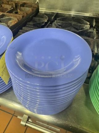 Stack of blue melamine plates, model BIDX16, in good condition. Suitable for high-durability use.
