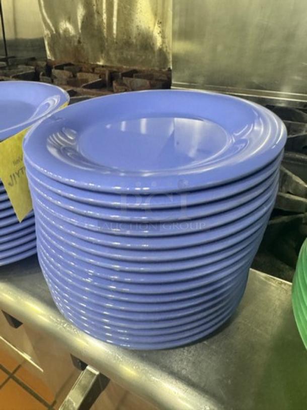 Stack of blue melamine plates, model BIDX16, in good condition. Perfect for durable, everyday use.