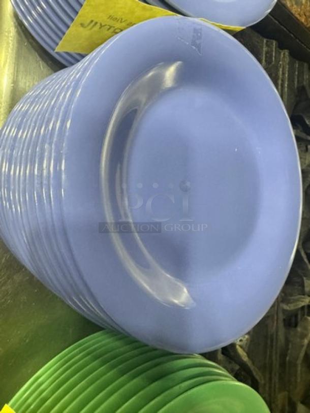 Blue melamine plate, model BIDX16, stack of plates in good condition, smooth finish, round shape.