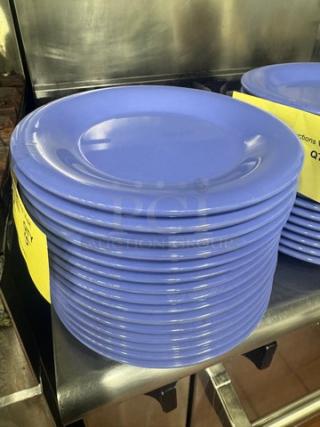 Stack of blue melamine plates, model BIDX15, in excellent condition. Ideal for durable, stylish dining solutions.