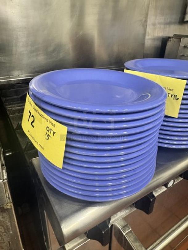 Stack of blue melamine plates, model BIDX15, in excellent condition. Quantity 72 indicated on label.