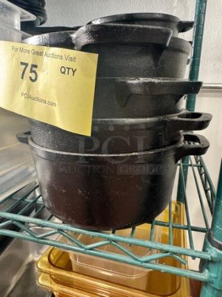 Cast iron small Dutch oven without lid, stacked on shelf, black finish, durable construction, auction tag indicating 75 quantity.