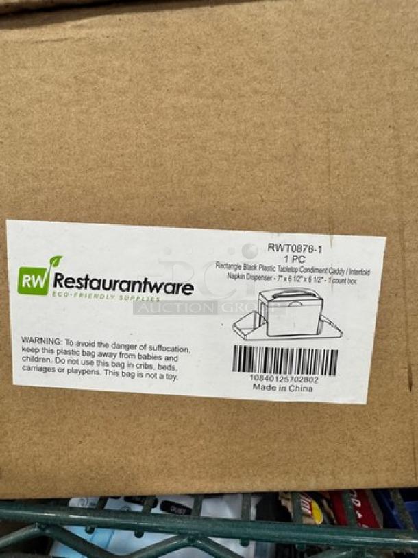 Rectangle black plastic tabletop condiment caddy and napkin dispenser by Restaurantware, model BIDX5, new in box.