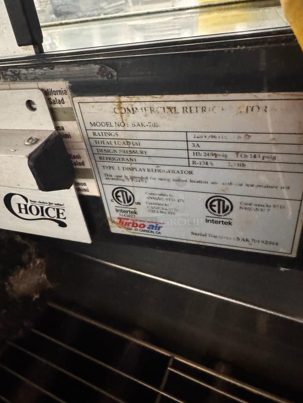 Turbo air SAK-70K Sakura Sushi Display Merchandiser 120V, model label visible, commercial refrigerator, ETL certified.