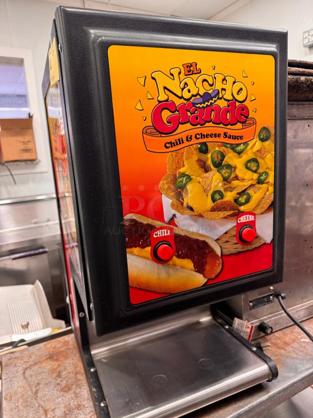 Gold metal Dual Chili Cheese Dispenser, model 5301. Features chili and cheese dispense buttons, "El Nacho Grande" branding.