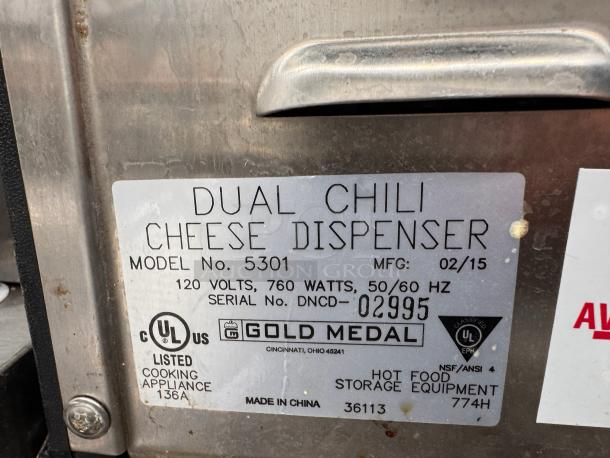 Gold Medal 5301 Dual Chili Cheese Dispenser, 120V, 760 watts. Features product label with model, serial number, and certifications.
