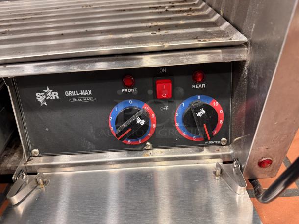 STAR Grill-Max hot dog roller grill and bun warmer, dual temperature controls, used condition, visible grill markings.