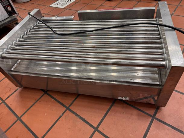 STAR Grill-Max hot dog roller grill and bun warmer, stainless steel, used, visible power cord and control labels.