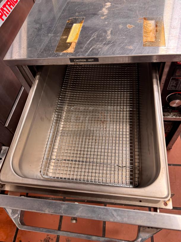 Hatco HDW-2N Drawer Warmer, stainless steel, visible wire rack, caution label, used condition.