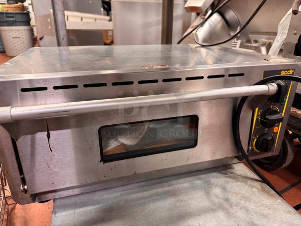 Sodir PZ430S countertop pizza oven, stainless steel, 120V, visible temperature controls, used condition.