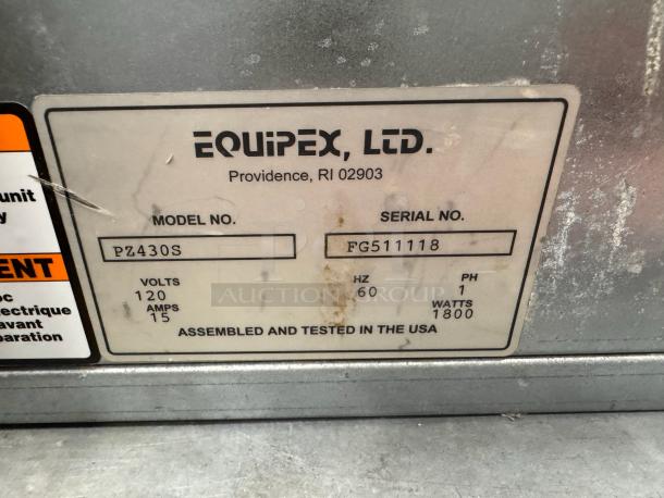 Sodir PZ430S countertop pizza oven, 120V, serial FG511118, 1800 watts, assembled in USA.