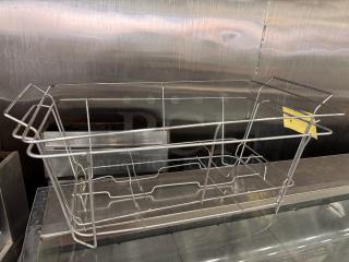 Stainless steel chafing dish stand, holds full-size tray, model BIDX5, visible wear, ideal for catering setups.