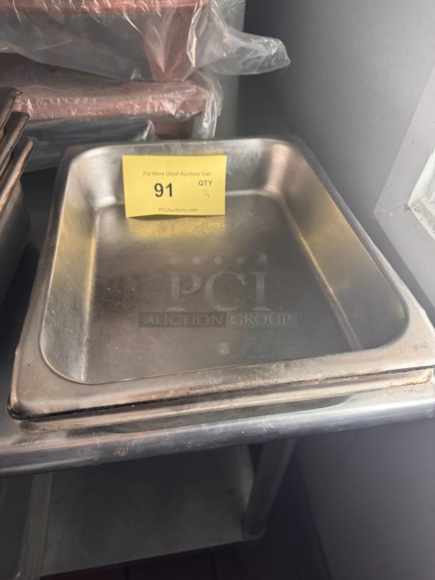 Stainless steel food pan BIDX3, square shape, slightly used condition, with auction tag showing quantity of 3.