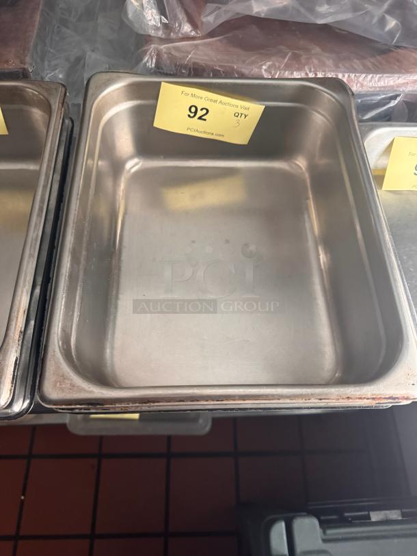 Stainless steel food pan BIDX3, rectangular, used condition, auction label 92, quantity 3.