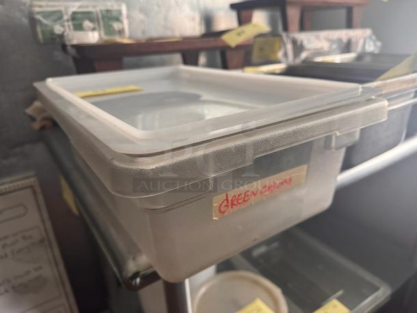 Plastic food storage container with lid, rectangular, clear, labeled "GREEN onion." In used condition, with visible labels.