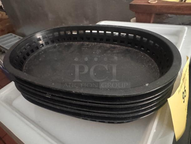 Lot of 6 black oval food baskets, stackable design, lightly used condition, tagged "ALL ONE MONEY."