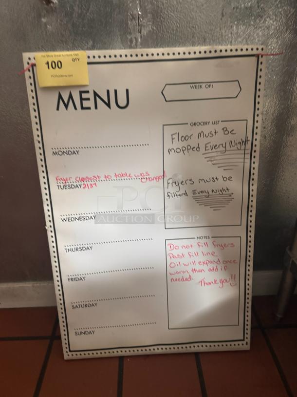 Whiteboard menu with weekly schedule, grocery list, and notes section. Features handwritten maintenance reminders. Good condition.