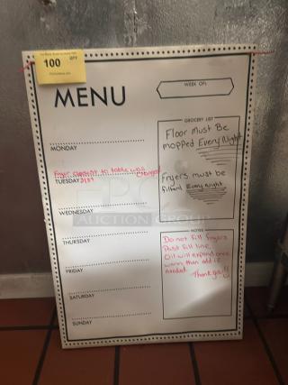 Whiteboard menu with weekly schedule, grocery list, and notes section. Features handwritten maintenance reminders. Good condition.