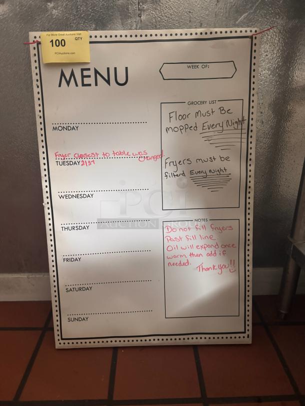 Whiteboard menu with weekly schedule layout. Includes handwritten maintenance notes. Condition appears used.