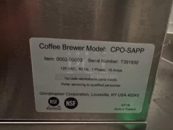 Grindmaster GMCW CPO-SAPP coffee brewer, 120V, Model CPO-SAPP, Serial T391930, NSF certified, made in Thailand.