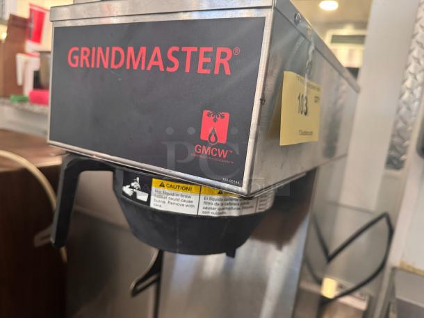 Grindmaster GMCW CPO-SAPP coffee brewer, 120V, stainless steel, visible warning labels, clean condition.