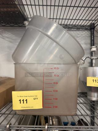 Lot of 2 clear plastic food storage containers, marked with quart measurements, used condition, auction tag "111 QTY".