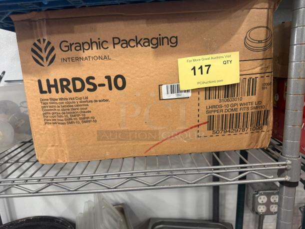 Box of LHRDS-10 dome sipper white hot cup lids by Graphic Packaging International, fits SMR-10 cups, with auction tag.