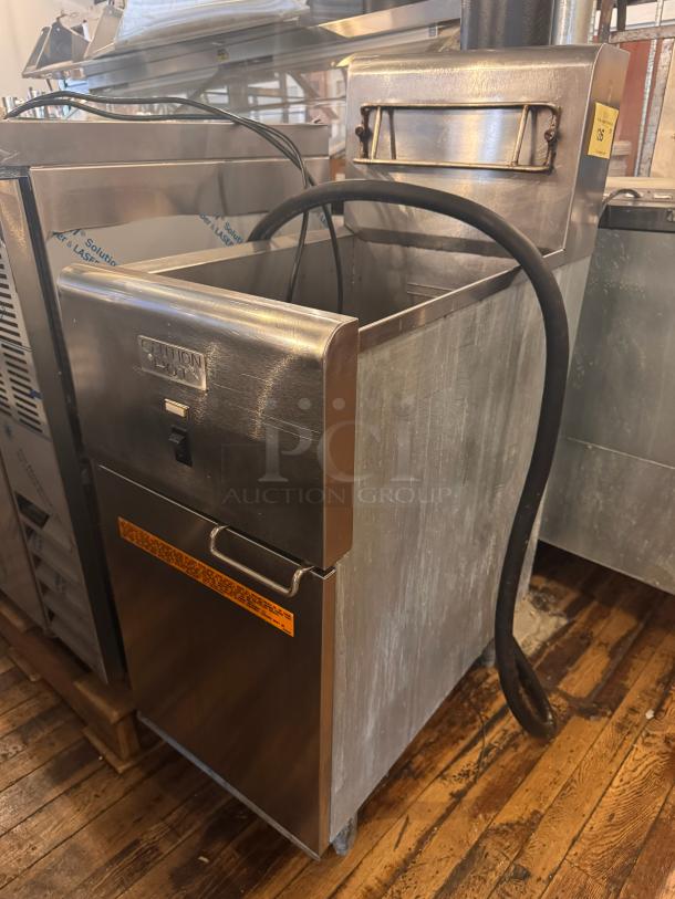 Frymaster SR14ESD electric fryer 208V, stainless steel, with power cord, known for efficient frying. Appears in good condition.
