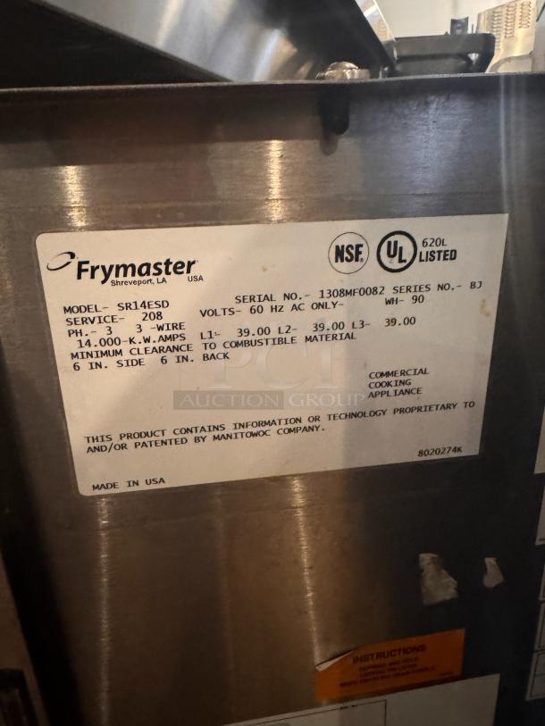 Frymaster SR14ESD electric fryer, 208V, model SR14ESD. NSF, UL listed. Made in USA. Serial No. 1308MF0082.