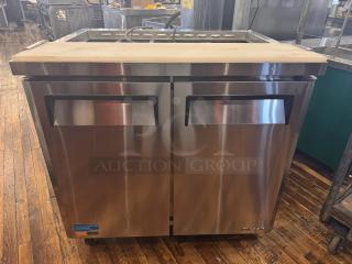 Turbo Air MST-36 prep-table, stainless steel, dual-door, on casters, visible brand logo, 115V, excellent condition.