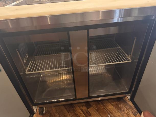 Turbo air MST-36 prep-table, stainless steel, 115V, dual sliding doors, internal shelves, on casters, excellent condition.