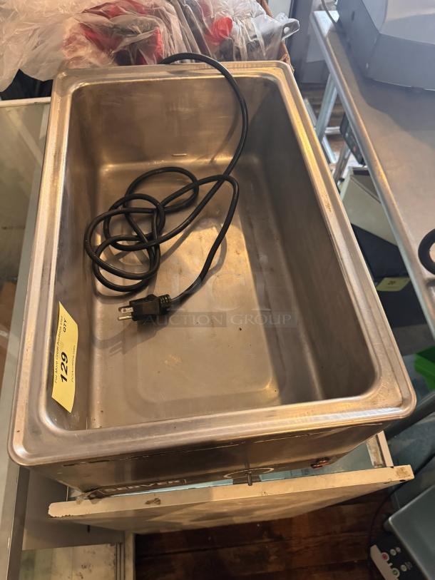 Server FS-20SS Countertop Food Warmer, stainless steel, includes power cord, good condition. Auction tag indicates item 129.