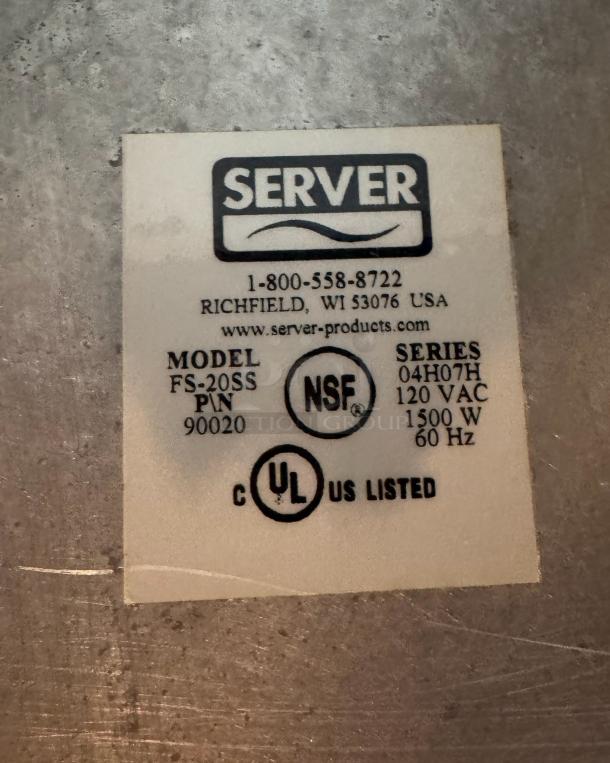 Server FS-20SS countertop food warmer label, model FS-20SS, 120 VAC, 1500 W, NSF and UL listed, contact info visible.