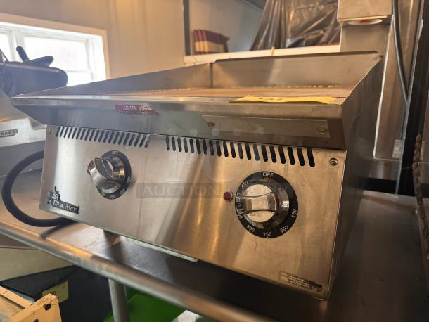 Star Ultra-Max 24" countertop electric griddle, stainless steel, dual temperature knobs, caution label visible, used condition.